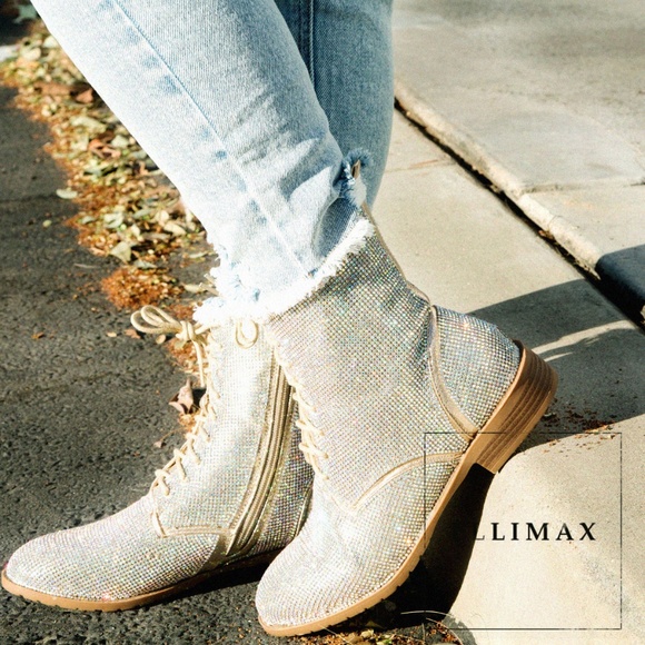 NEW🔥 Champagne Diamante Rhinestone Lace Up Combat Military Ankle Booties Boots - Picture 3 of 4